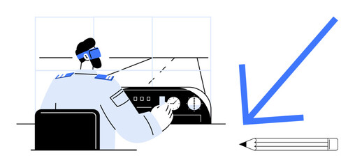 Pilot adjusting aircraft control panel switches while monitoring instruments and taking notes with pencil. Ideal for aviation, pilot training, navigation, communication, technology, precision