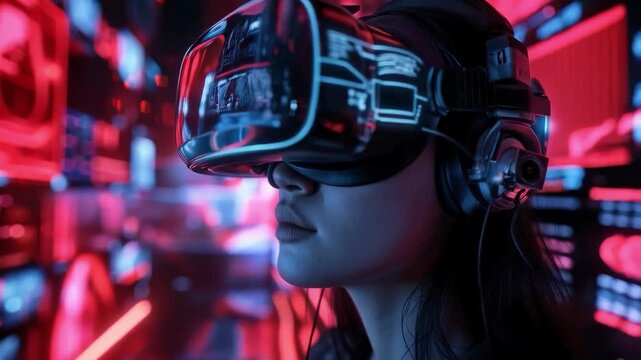 A person wearing VR glasses is immersed in virtual reality amid neon lights, which is suitable for an atmospheric backdrop in presentations of innovative technologies.
