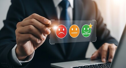 A businessman in a suit is using a digital interface to rate customer satisfaction with emoticons, showing a range from negative to positive feedback, while working on a laptop