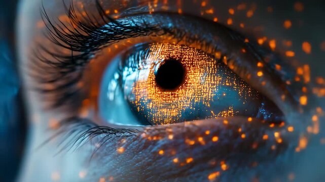 Eye reflecting urban lights at night with a fascinating digital effect enhancing the view for artistic impression