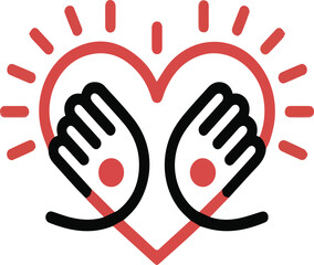 Obraz premium Red Heart With Black Hands And Red Rays On White Background love caring