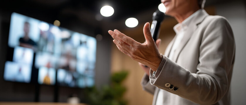 Close-up of businesswoman speaking with microphone during virtual conference call in modern setting