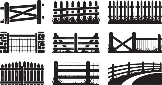 Collection of Black Silhouette Farm Fences and Gates with Grass Detail rural agriculture
