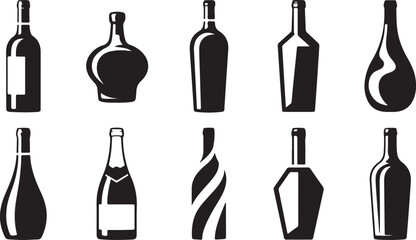 Variety of Black Silhouette Bottles for Wine Spirits and Beverages on White Background glass container