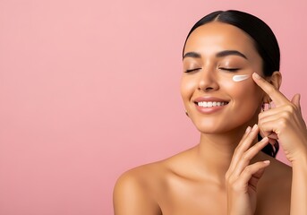 Smiling Beautiful Woman Applying Under Eye Cream on Pink Background