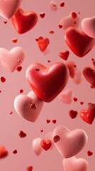 Obraz premium Colorful hearts in various sizes scattered on a soft pink background. The hearts are red and pink, creating a romantic and festive atmosphere.