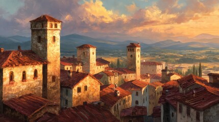 Obraz premium Medieval Tuscan town bathed in sunset light featuring distant stone towers