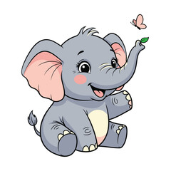 Adorable baby elephant with playful butterfly, a whimsical design perfect for children's books, party invitations, and nursery decor, scalable vector art