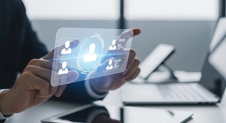 A person is interacting with a digital interface displaying profiles, possibly for recruitment or networking, with a laptop and tablet in the background, indicating a modern approach