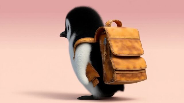 A cute penguin chick waddling with a small backpack, ready to go to school, representing learning, education, and playful back-to-school concept