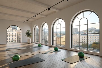 Spacious yoga studio with arched windows natural light and yoga mats ready for practice