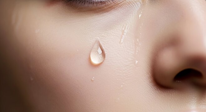 Close-up of a tear rolling down a person's cheek  