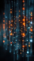Dynamic Digital Data Stream - Glowing Orange and Blue Particles and Vertical Lines.
