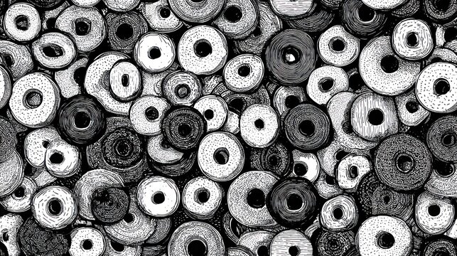 A monochrome, close-up arrangement of numerous ring-shaped objects, in varying sizes and shades