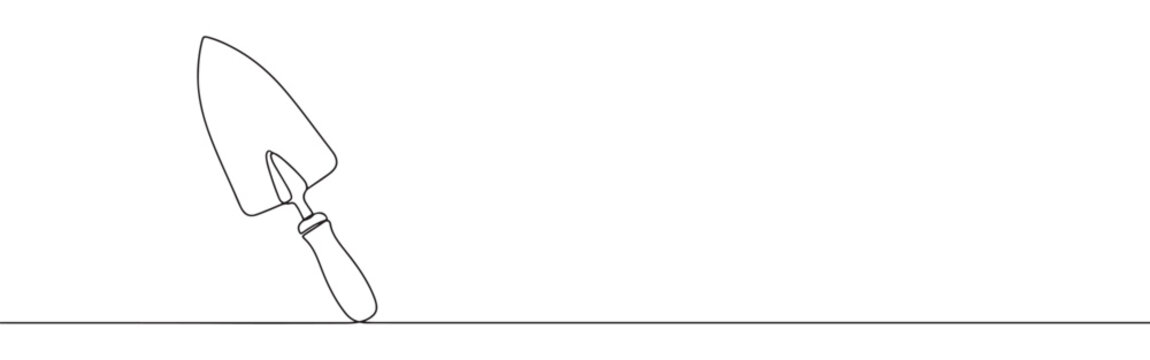 A continuous one-line drawing of a garden trowel, representing gardening, planting, and nature