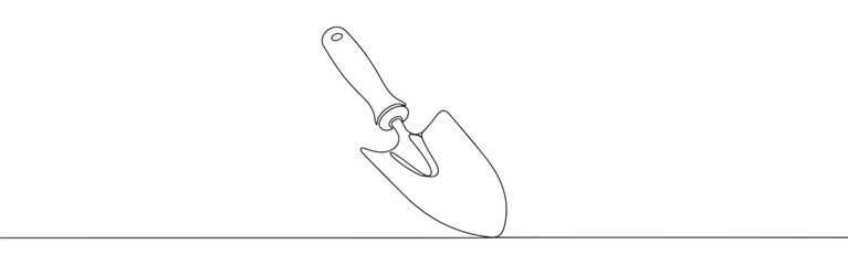 A continuous one-line drawing of a garden trowel, representing gardening, planting, and nature