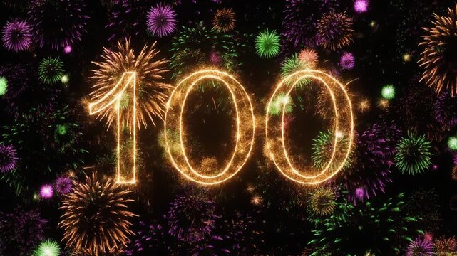 Number 100 surrounded by fireworks. Festive video for birthday or anniversary party