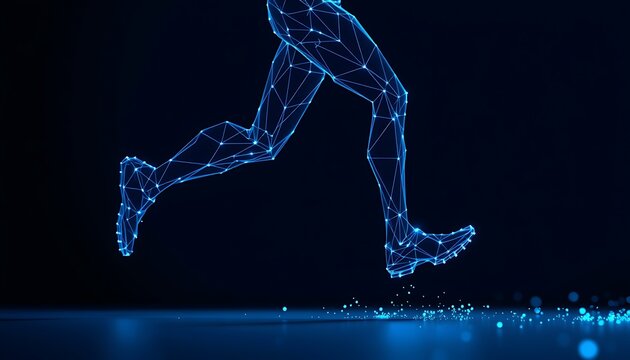 Blue Digital Polygon Runner Legs in Motion with Light Trails Keywords: blue, digital, polygon, runner, legs, motion, speed, athlete, sport