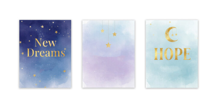 Celestial themed visuals with stars, moon, and inspirational words