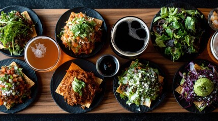Assorted gourmet tacos with salads and various craft beers served on black plates and wooden board in restaurant setting