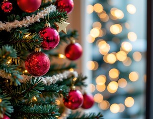 Cozy Christmas Tree with Red Baubles and Golden Stars