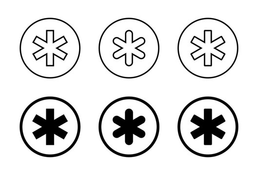 Typographic asterisk icon set in circular outline. Six pointed star shapes symbol