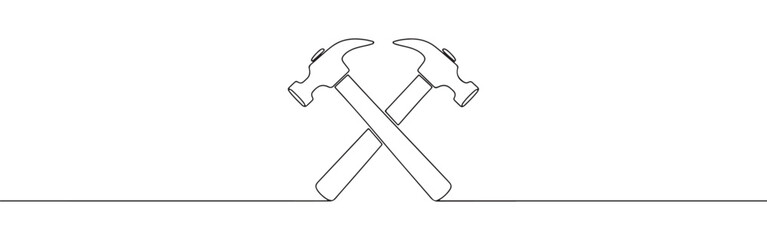 A continuous one-line drawing of two crossed hammers, symbolizing construction, teamwork, and hard work