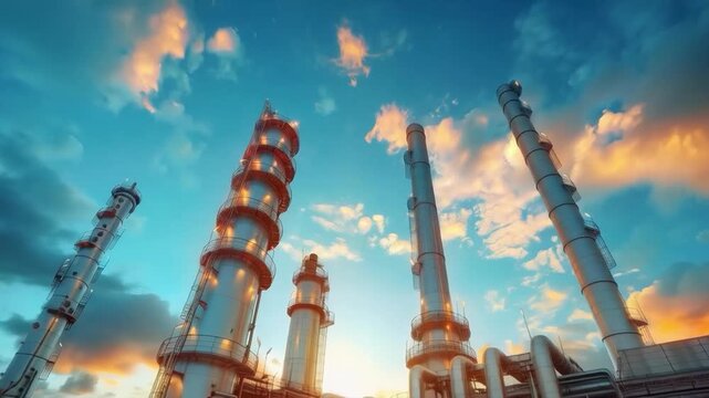 Industrial pipes against the backdrop of the sunset symbolise industrial progress, but remind us of the problem of air pollution, making them a relevant industrial backdrop for discussing environmenta