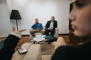 Colleagues engage in a workplace discussion, collaborating to address important agendas in a professional office.