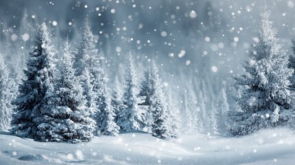 Fototapeta premium Snowflakes fall gently over a winter landscape with evergreen trees. The scene is serene and captures the essence of a snowy day.