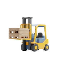 Yellow and blue forklift is lifting a pallet of wood. isolated illustration on  transparent background PNG