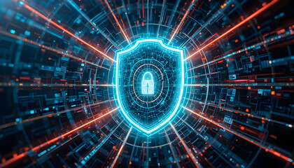 A glowing blue shield with a padlock in the center, surrounded by a network of interconnected lines and nodes, symbolizing cybersecurity and data protection in a digital environment