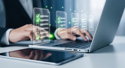 Business professional using a laptop with digital document icons, representing data management, workflow automation, and efficient business processes in a modern office environment