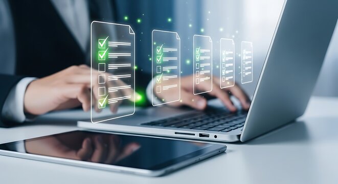 Business professional using a laptop with digital document icons, representing data management, workflow automation, and efficient business processes in a modern office environment