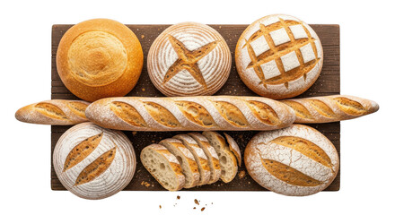 Wooden board with a variety of breads on it. isolated illustration on  transparent background PNG
