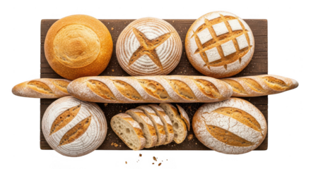Wooden board with a variety of breads on it. isolated illustration on  transparent background PNG