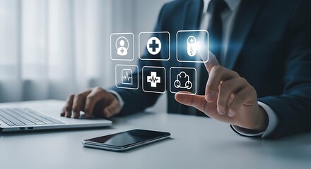 A person in a suit is using a laptop and a touch interface to access healthcare information, manage patient data, and connect with medical professionals for telemedicine
