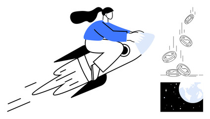 Woman riding a rocket, accelerating towards space with speed lines, coins cascading near Earth in orbit. Ideal for finance, innovation, growth, space exploration, startups, investment futuristic