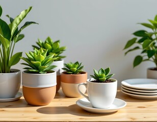 Fototapeta premium Ecofriendly Greenery Display with Reusable Coffee Cups