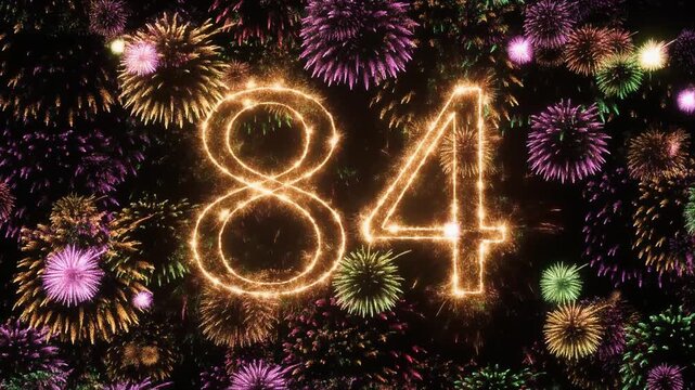 Number 84 surrounded by fireworks. Festive video for birthday or anniversary party