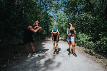 A group of friends pause on a sunlit forest trail, ready for a hike. They stand with trekking poles...