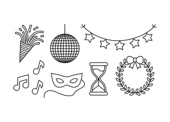 Black and white festive party elements including party horn disco ball star garland masquerade mask hourglass wreath and music notes illustration
