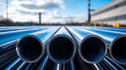 A close up view of metal pipes arranged in parallel rows with a blurred background outdoors in daytime