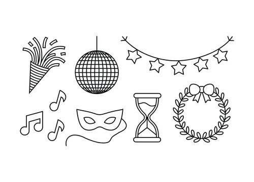 Black and white festive party elements including party horn disco ball star garland masquerade mask hourglass wreath and music notes illustration