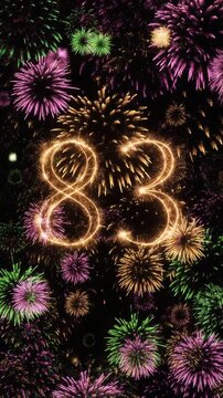 Number 83 surrounded by fireworks. Festive video for birthday or anniversary party