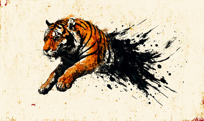 Tiger in Motion, Abstract Ink Splatter Artwork, tiger art, abstract tiger, ink splatter tiger, tiger painting, dynamic animal art, motion design, wild cat art, abstract wildlife, tiger leap, brush, 