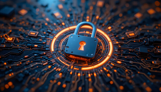 A digital padlock shines amidst a network of circuits, symbolizing cybersecurity and data protection in the modern age of technology and digital communication - Powered by Adobe
