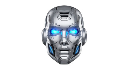 Robot head with blue eyes and a silver helmet. isolated illustration on  transparent background PNG