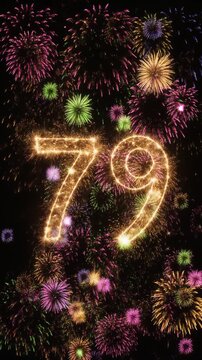 Number 79 surrounded by fireworks. Festive video for birthday or anniversary party