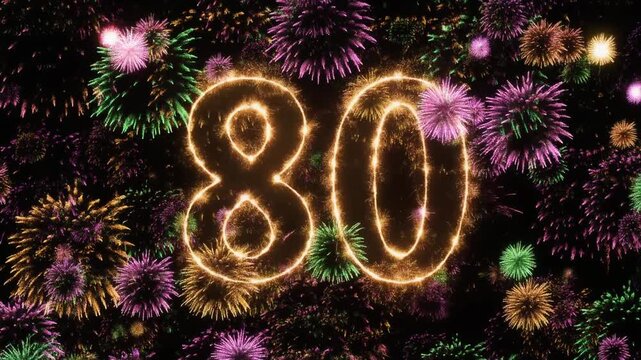 Number 80 surrounded by fireworks. Festive video for birthday or anniversary party